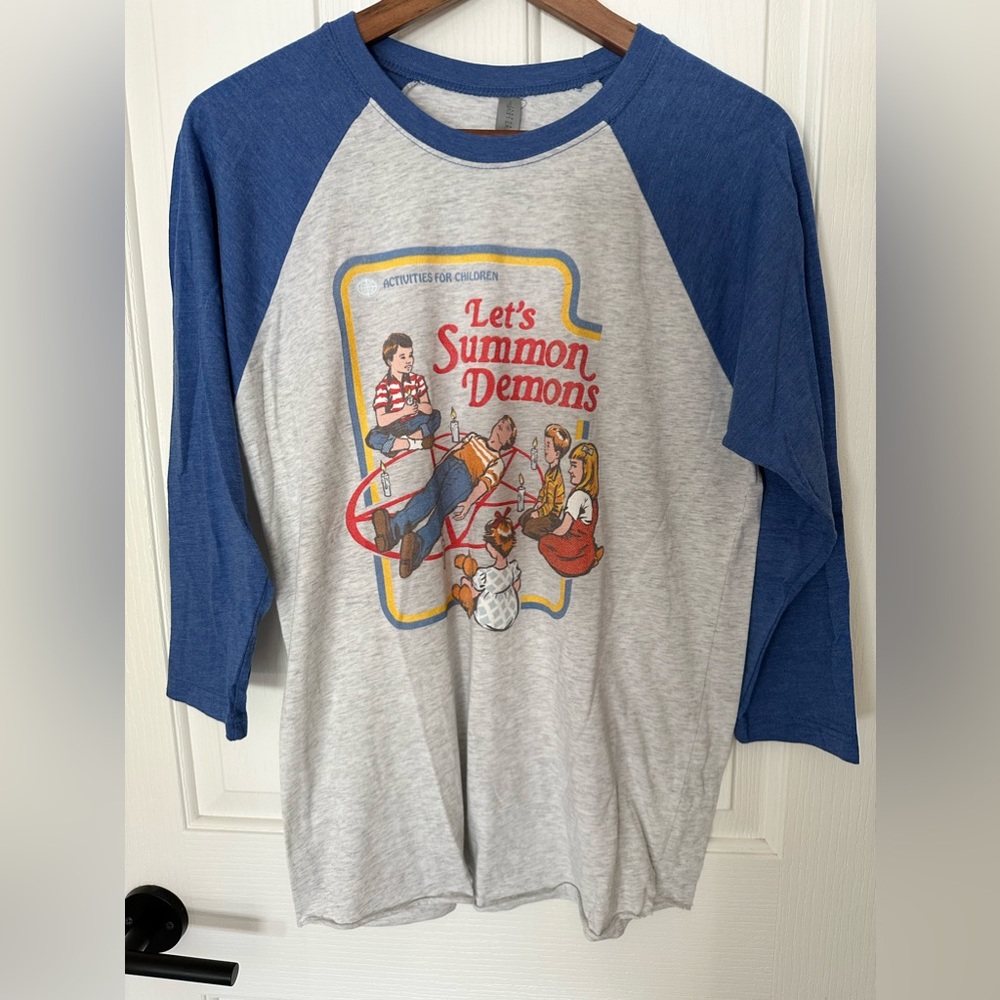 Let's Summon Demons Blue Raglan Sleeve Graphic Top